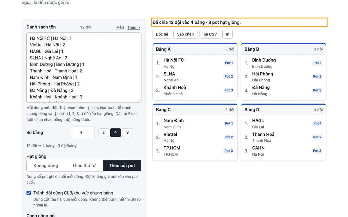 Giao diện công cụ chia bảng thi đấu với dữ liệu mẫu