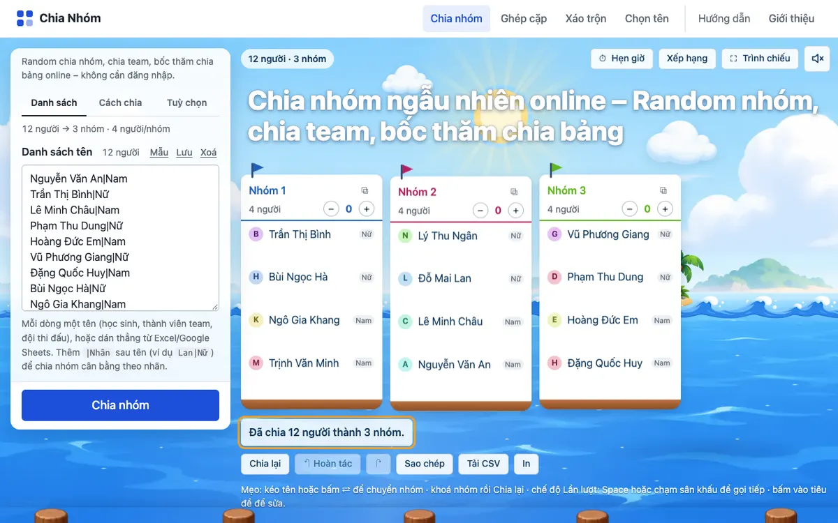 Giao diện công cụ chia nhóm ngẫu nhiên với dữ liệu mẫu