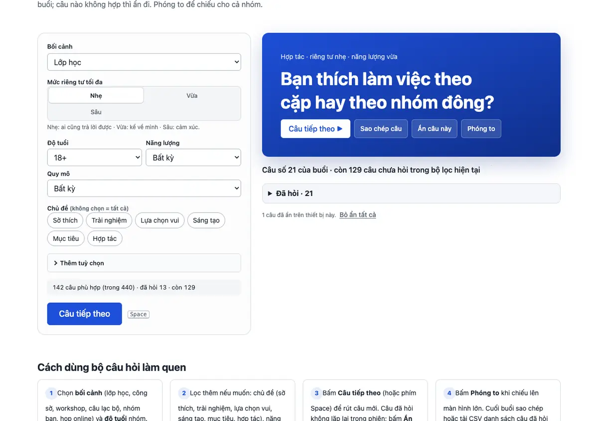 Giao diện công cụ câu hỏi làm quen nhóm với dữ liệu mẫu
