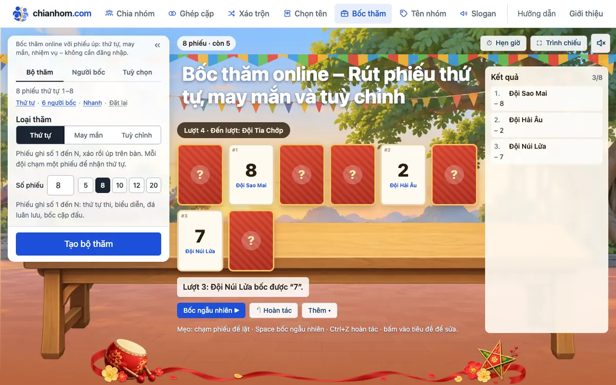 Giao diện công cụ bốc thăm online với dữ liệu mẫu