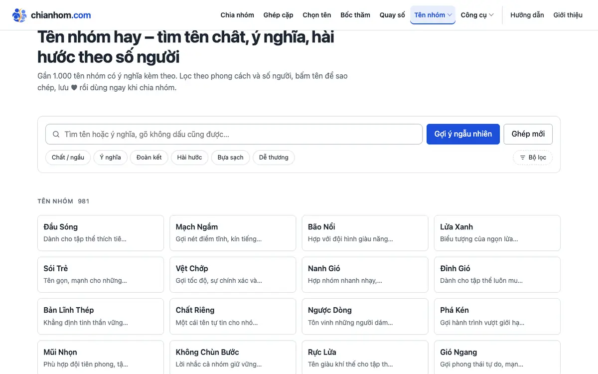 Giao diện công cụ tên nhóm hay với dữ liệu mẫu