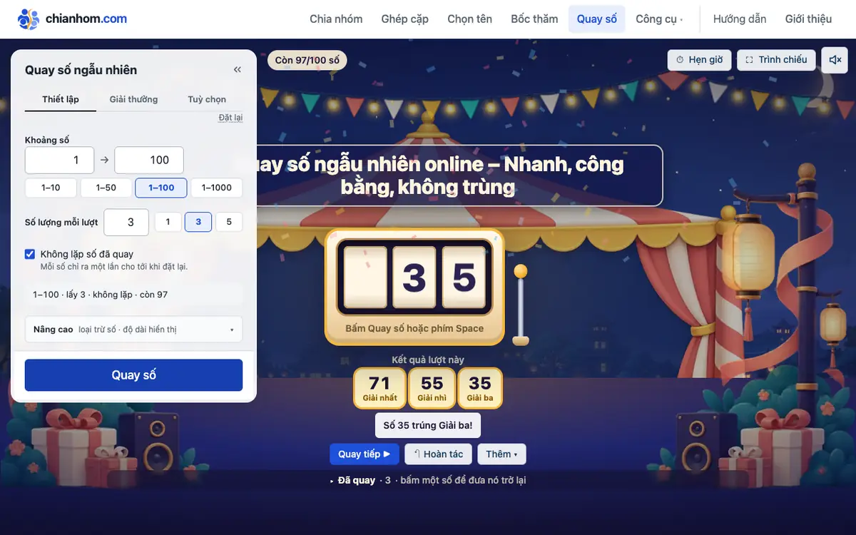 Giao diện công cụ quay số ngẫu nhiên với dữ liệu mẫu