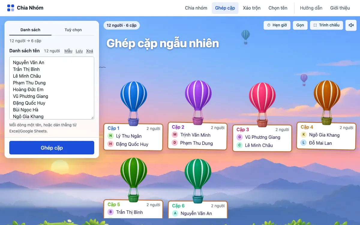 Giao diện công cụ ghép cặp ngẫu nhiên với dữ liệu mẫu