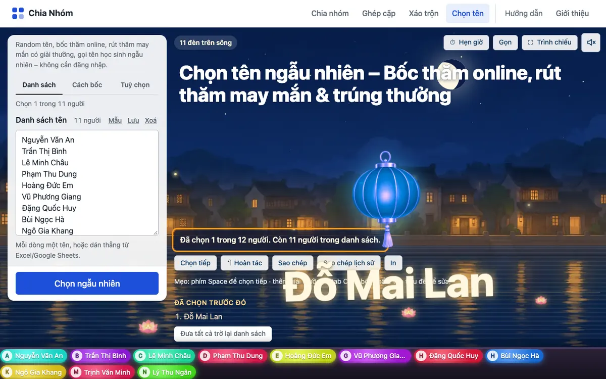 Giao diện công cụ chọn tên ngẫu nhiên với dữ liệu mẫu