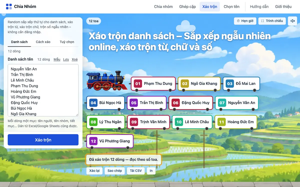 Giao diện công cụ xáo trộn danh sách với dữ liệu mẫu