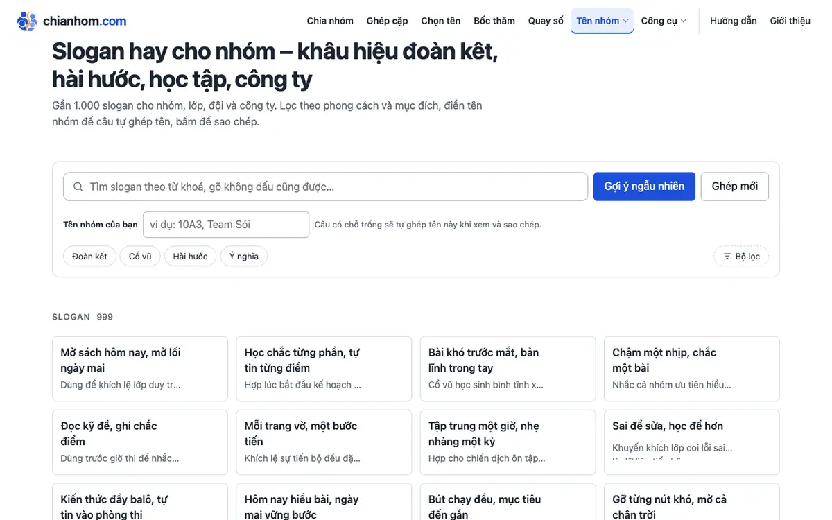 Giao diện công cụ slogan hay cho nhóm với dữ liệu mẫu